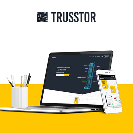 לוגו Trusstor ותצוגת האתר על מסך מחשב נייד וסמארטפון, על רקע צהוב ולבן.