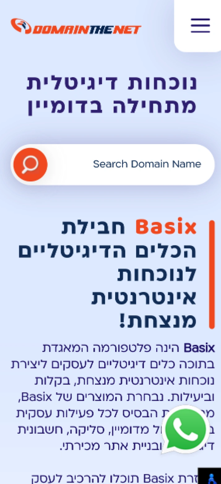 צילום מסך בגרסת מובייל של דף הבית של אתר DomainTheNet.