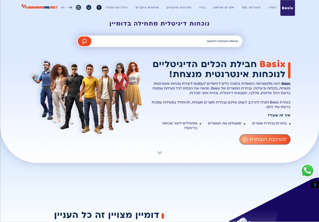 צילום מסך של דף הבית של אתר DomainTheNet עם חבילת Basix.