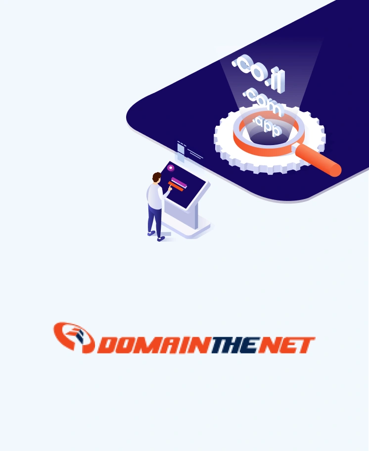 איור אדם ליד מסך עם עדשת חיפוש דומיינים, לוגו DomainTheNet.