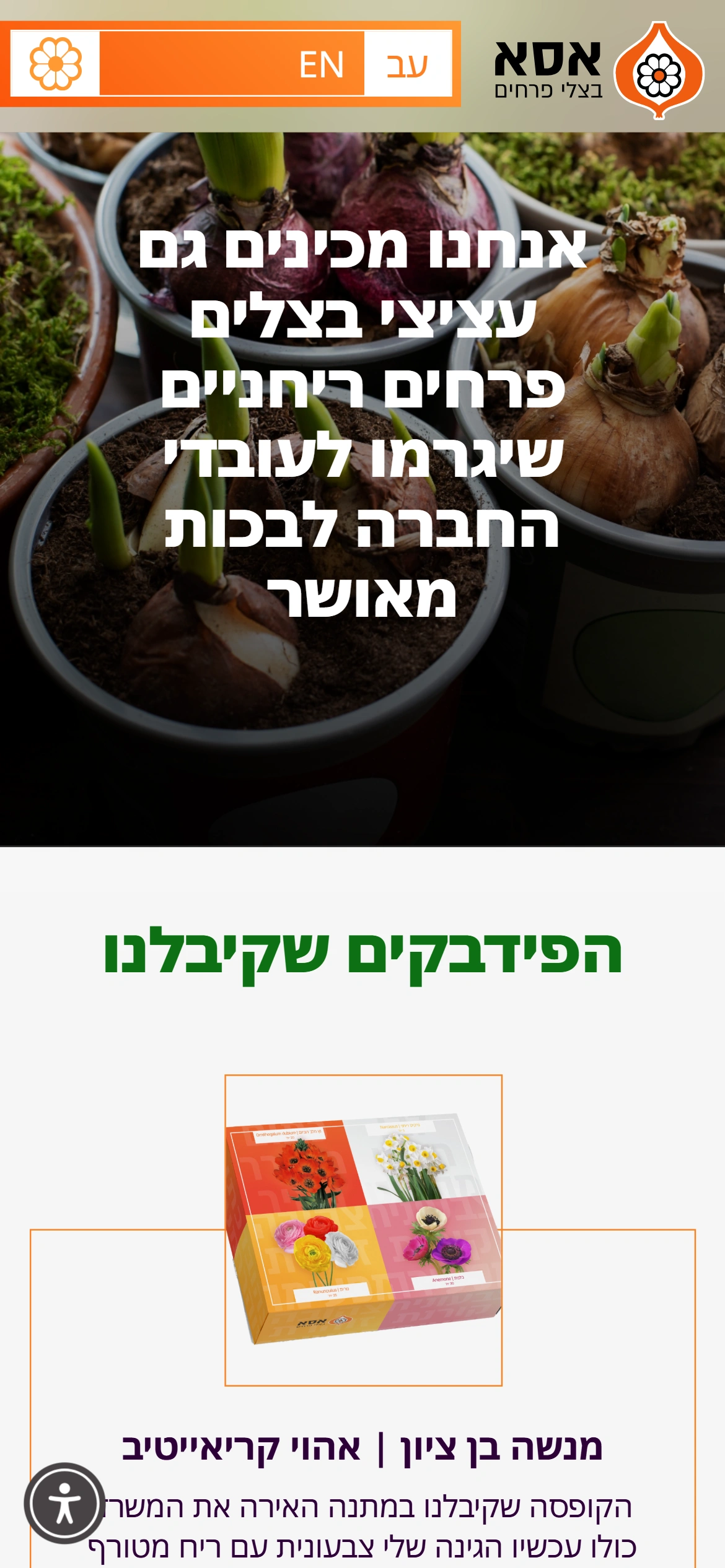 מסך מובייל עם עציצי בצלי פרחים ומוצרי החברה של אסא