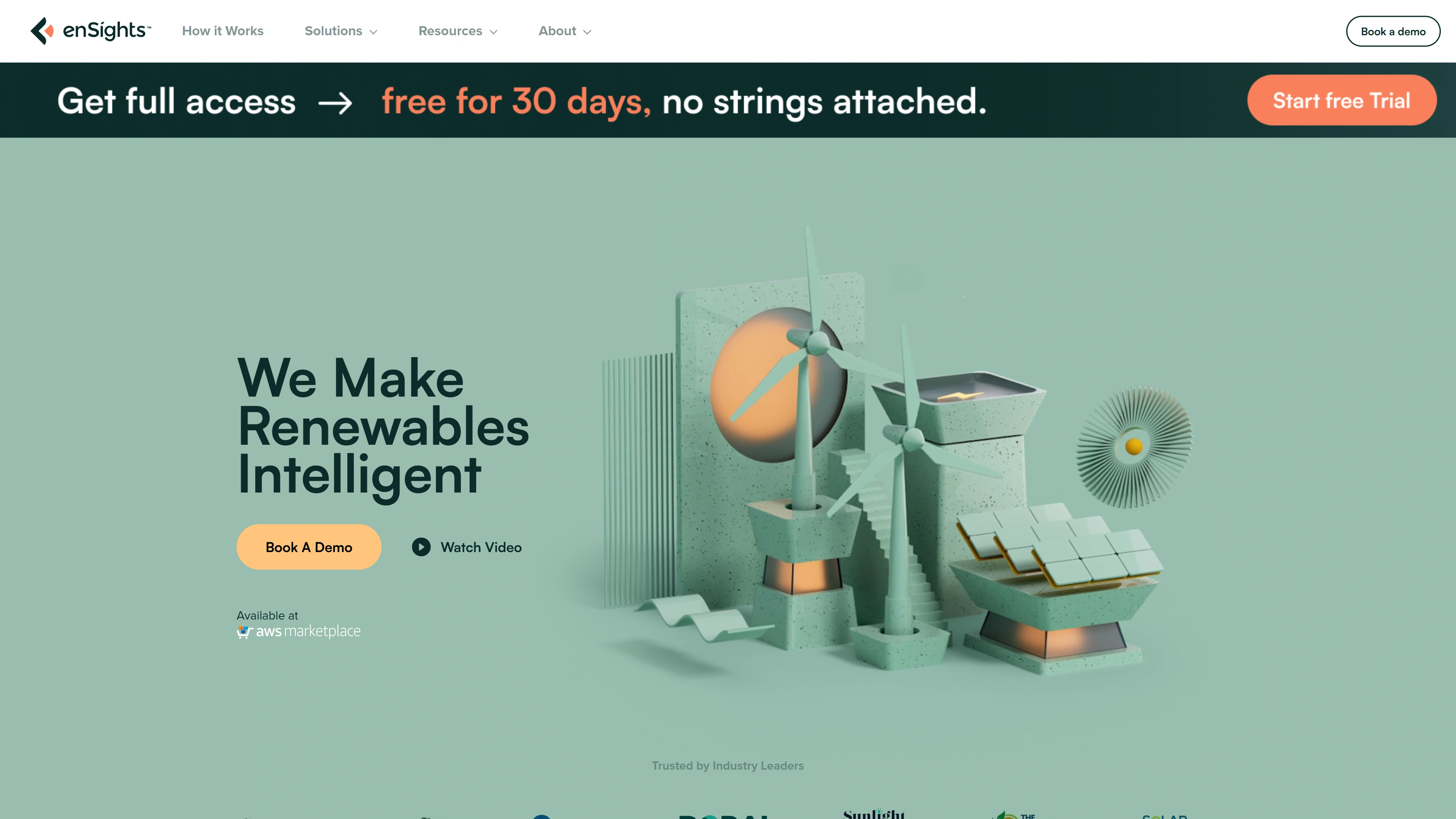 מסך דף הבית של Ensights.ai במחשב עם כותרת 'We Make Renewables Intelligent'