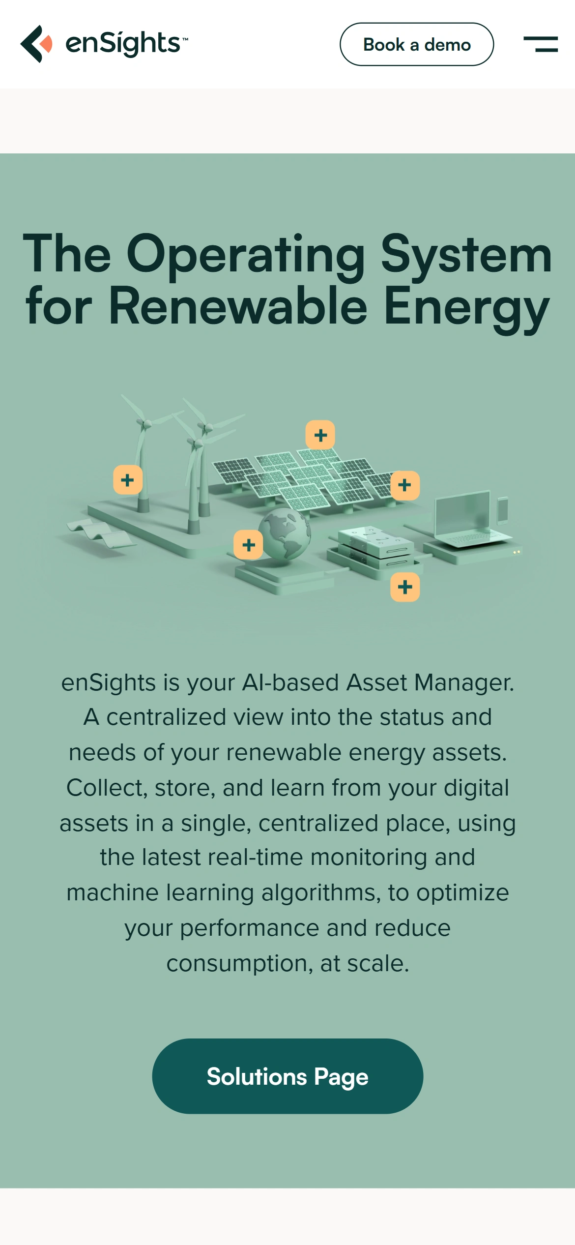 מסך מובייל של Ensights.ai עם הסבר על מערכת ההפעלה לאנרגיה מתחדשת
