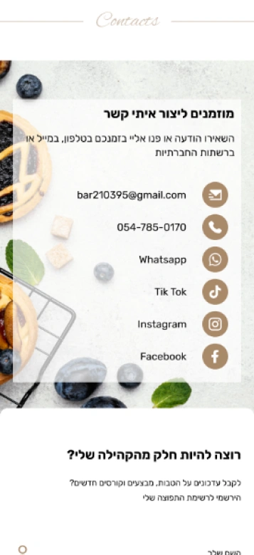 צילום מסך בגרסת מובייל של עמוד יצירת קשר באתר Bar Malka.