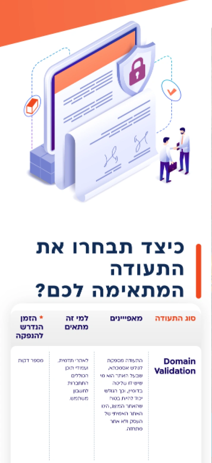 צילום מסך בגרסת מובייל של טבלת השוואת תעודות SSL באתר DomainTheNet.