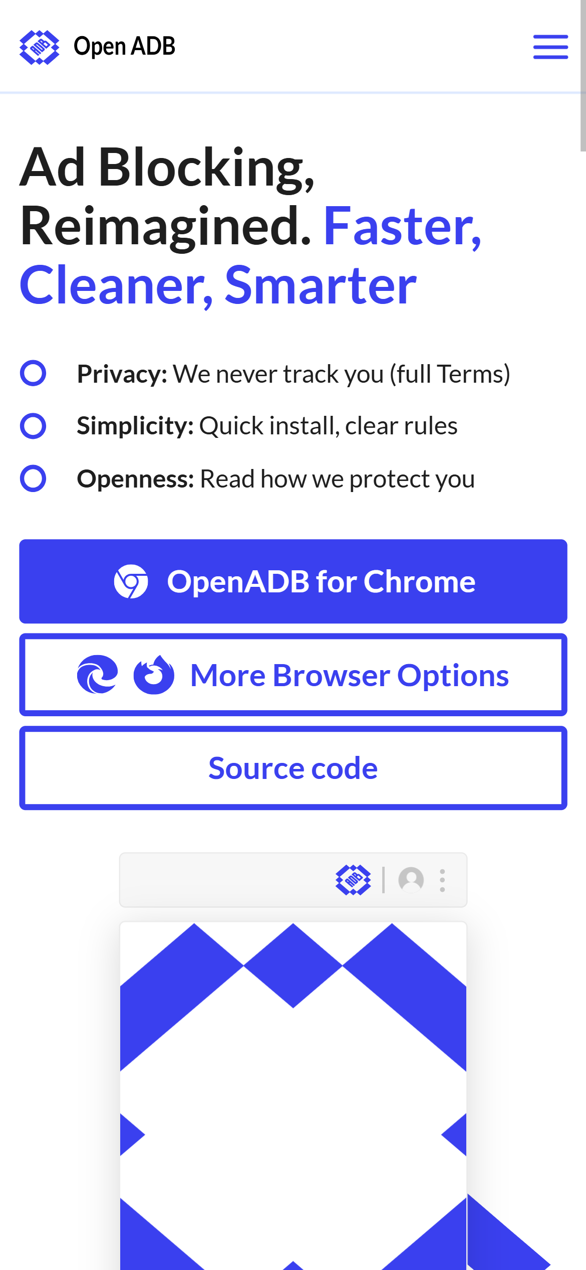 דף הבית של Open ADB במובייל עם כפתור OpenADB for Chrome