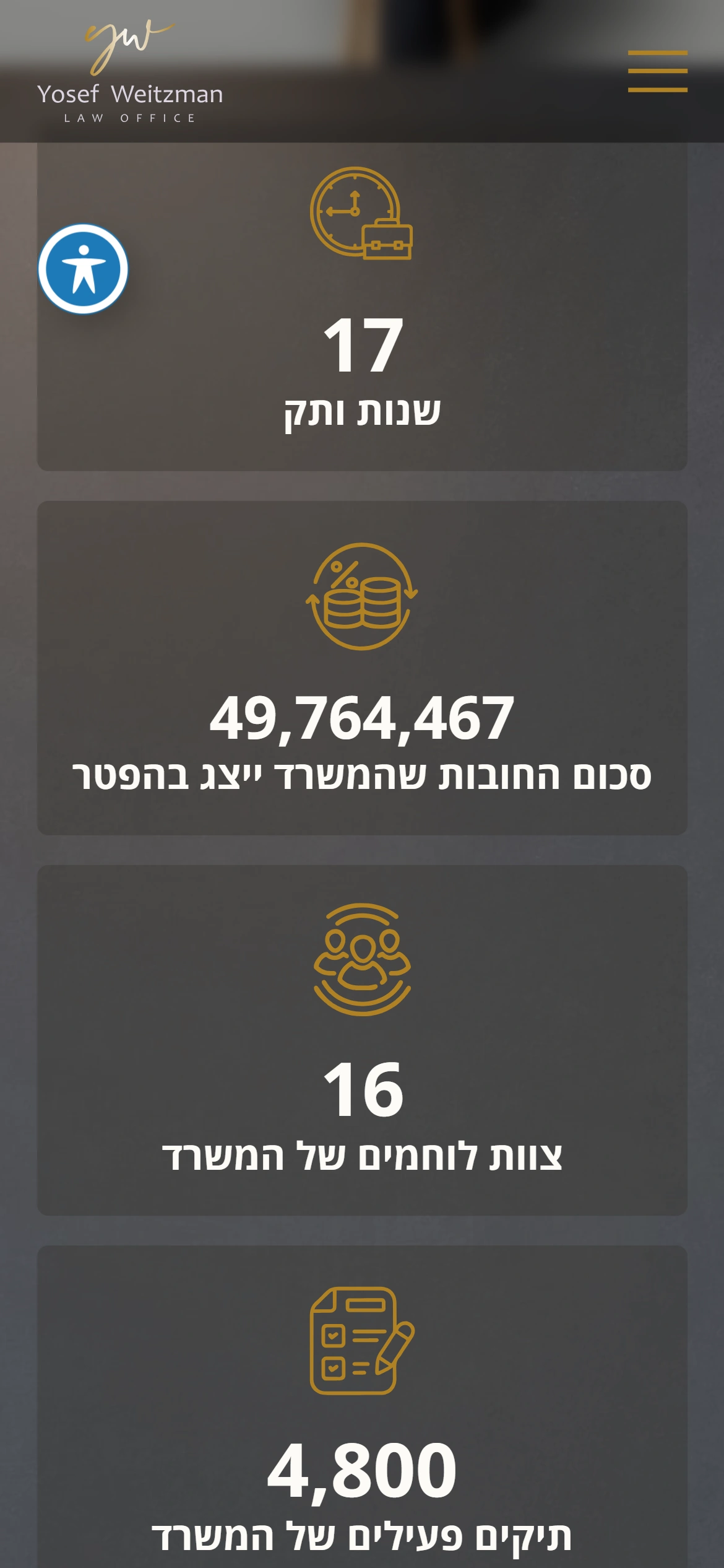 מסך מובייל עם נתוני המשרד: 17 שנות ותק ו-4,800 תיקים פעילים