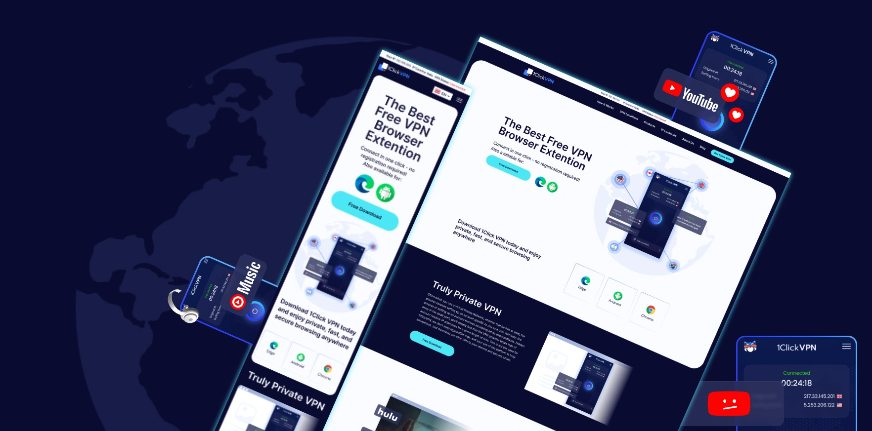 Laptop and phone mockups of the 1Click VPN website and app screens