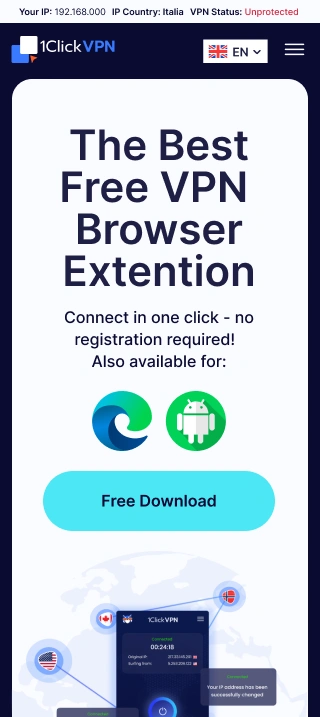 1Click VPN mobile homepage with The Best Free VPN Browser Extention heading