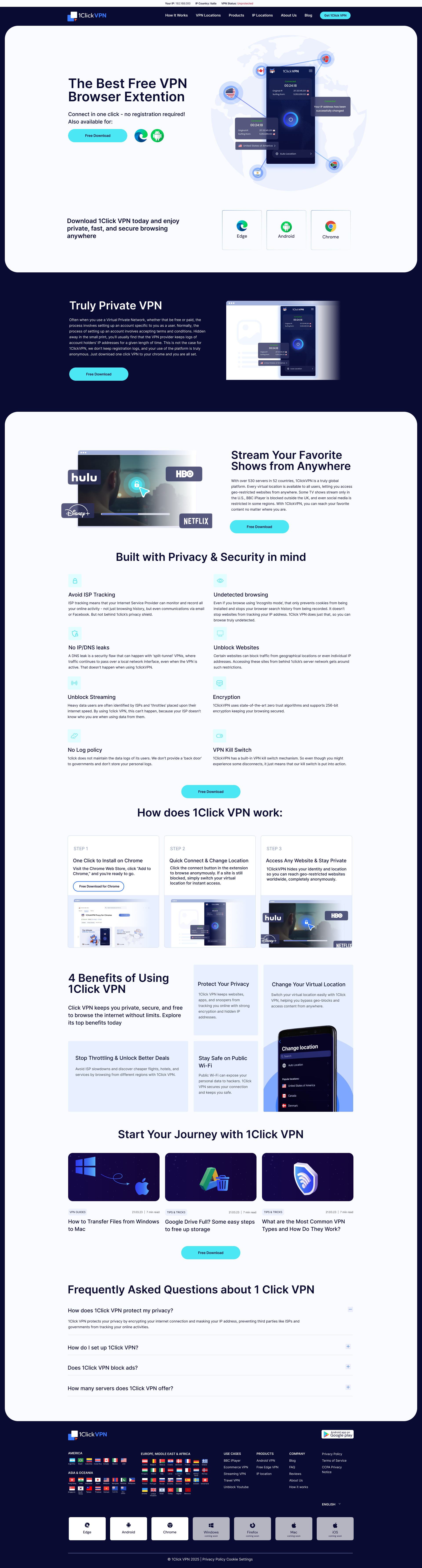 Full scrolling screenshot of the 1Click VPN homepage