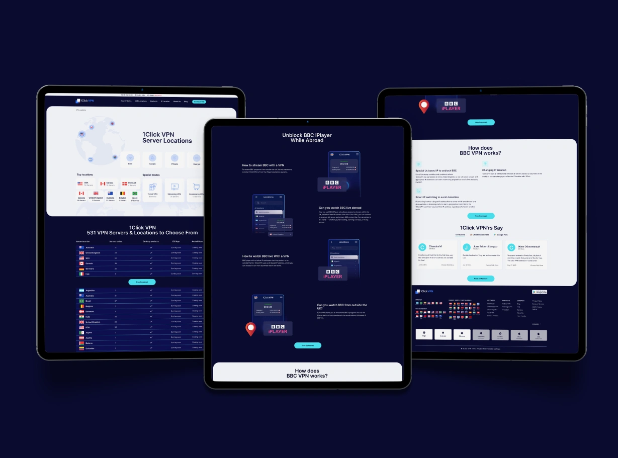 Tablet and phone mockups of 1Click VPN pages: server locations and unblock BBC iPlayer
