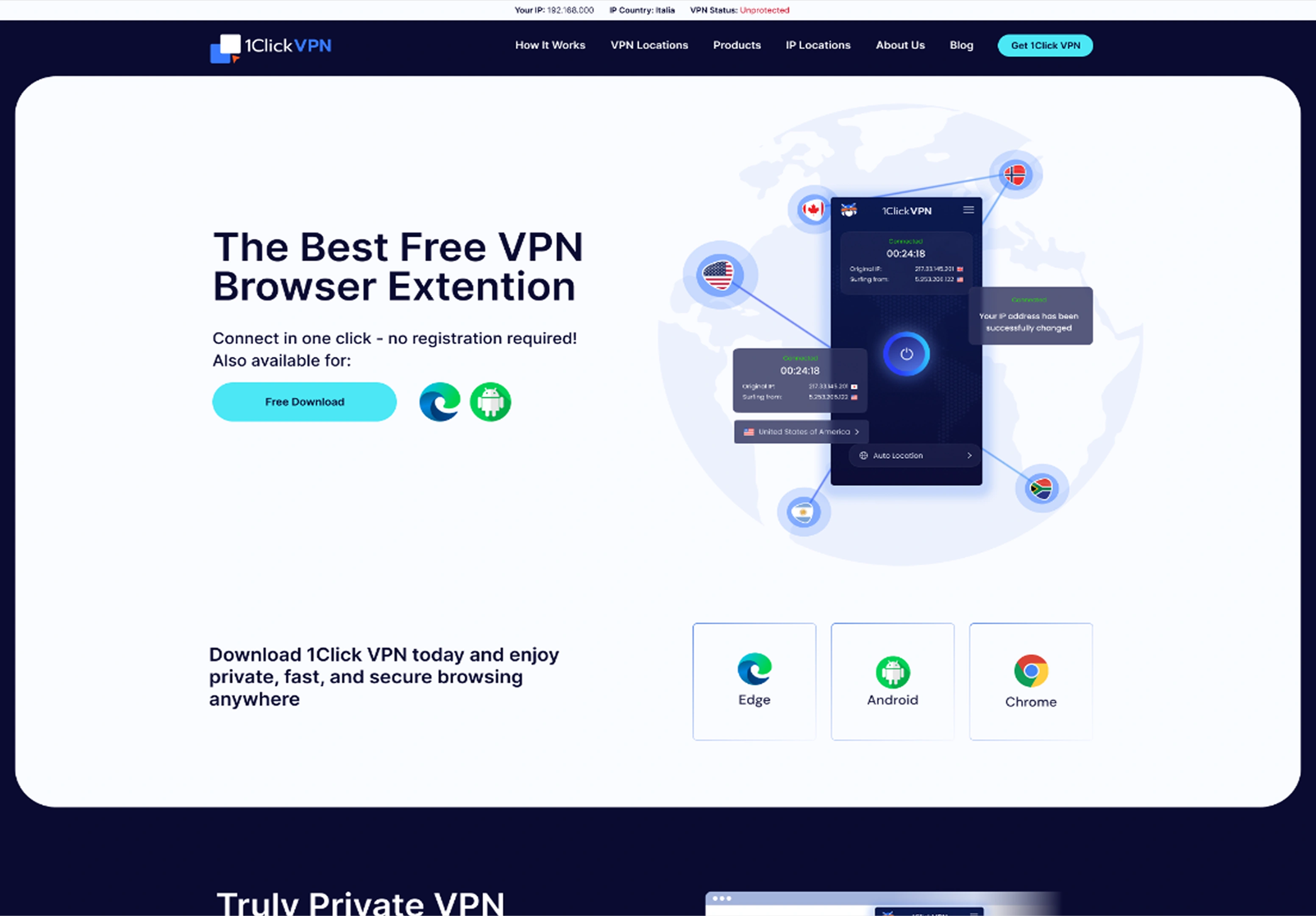 1Click VPN homepage with The Best Free VPN Browser Extention heading
