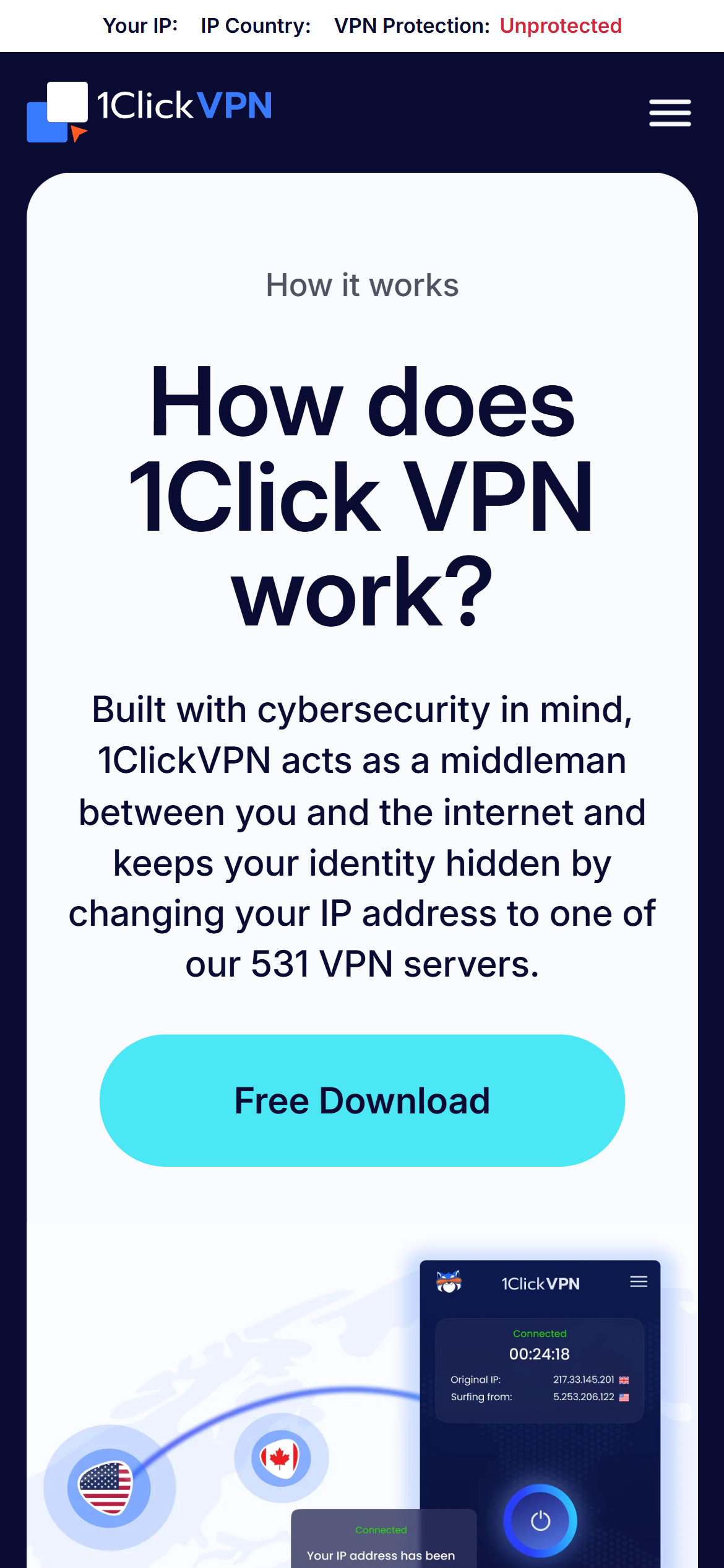1Click VPN mobile How it works page explaining VPN server switching