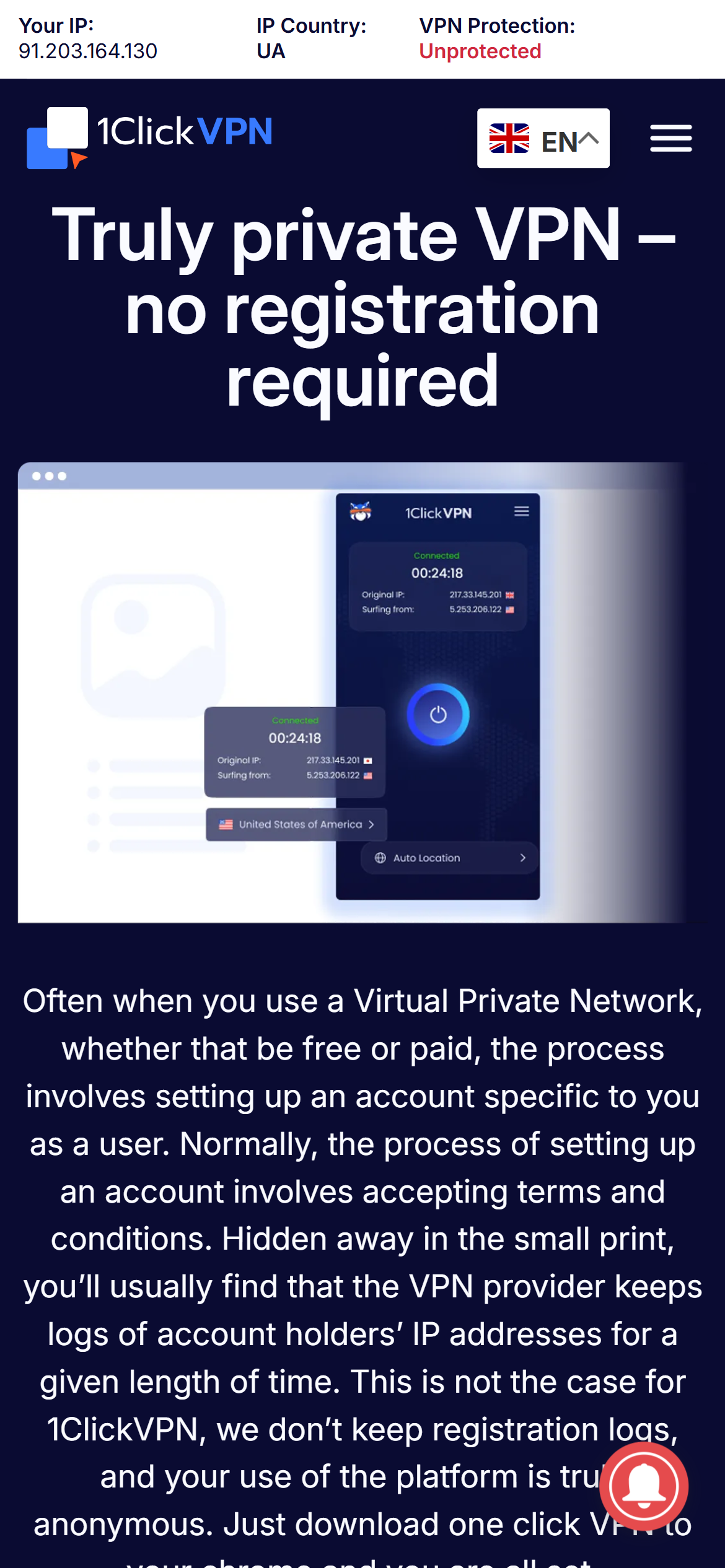 1Click VPN mobile screen with Truly private VPN no registration required heading
