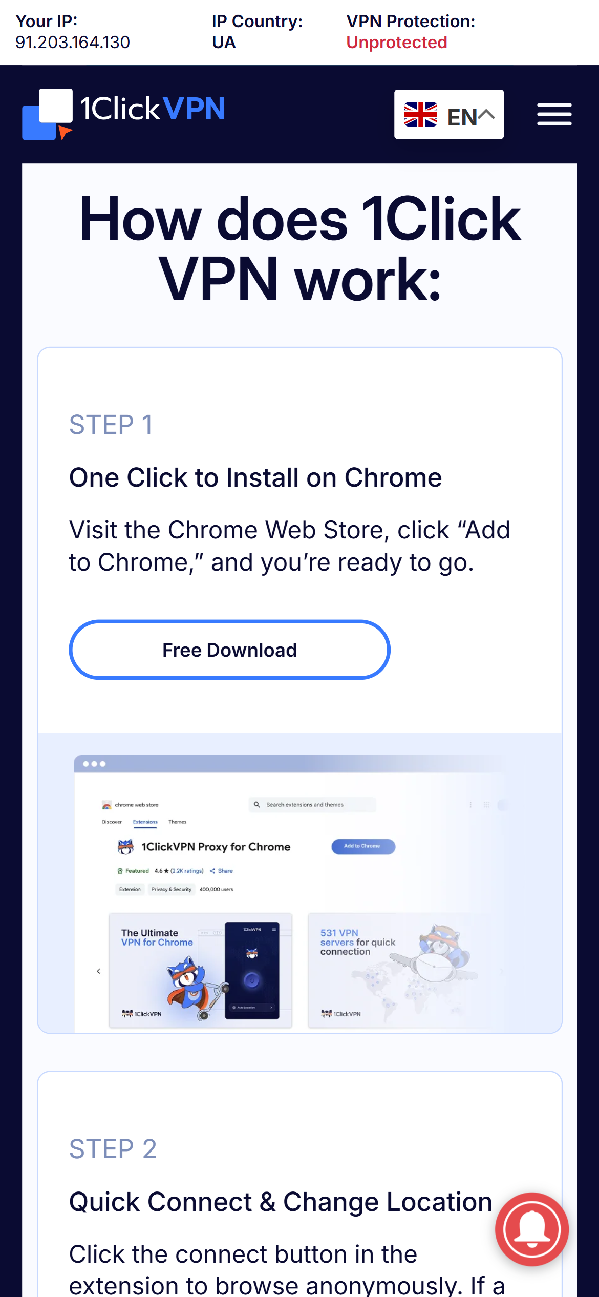 1Click VPN mobile How does it work page showing installation steps