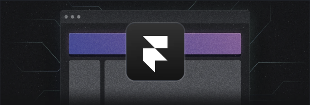 אייקון לוגו Framer על רקע כהה עם ממשק אתר מטושטש