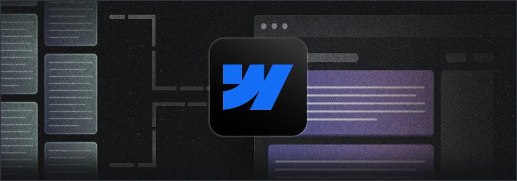 אייקון לוגו Webflow כחול על רקע כהה עם ממשק אתר מטושטש