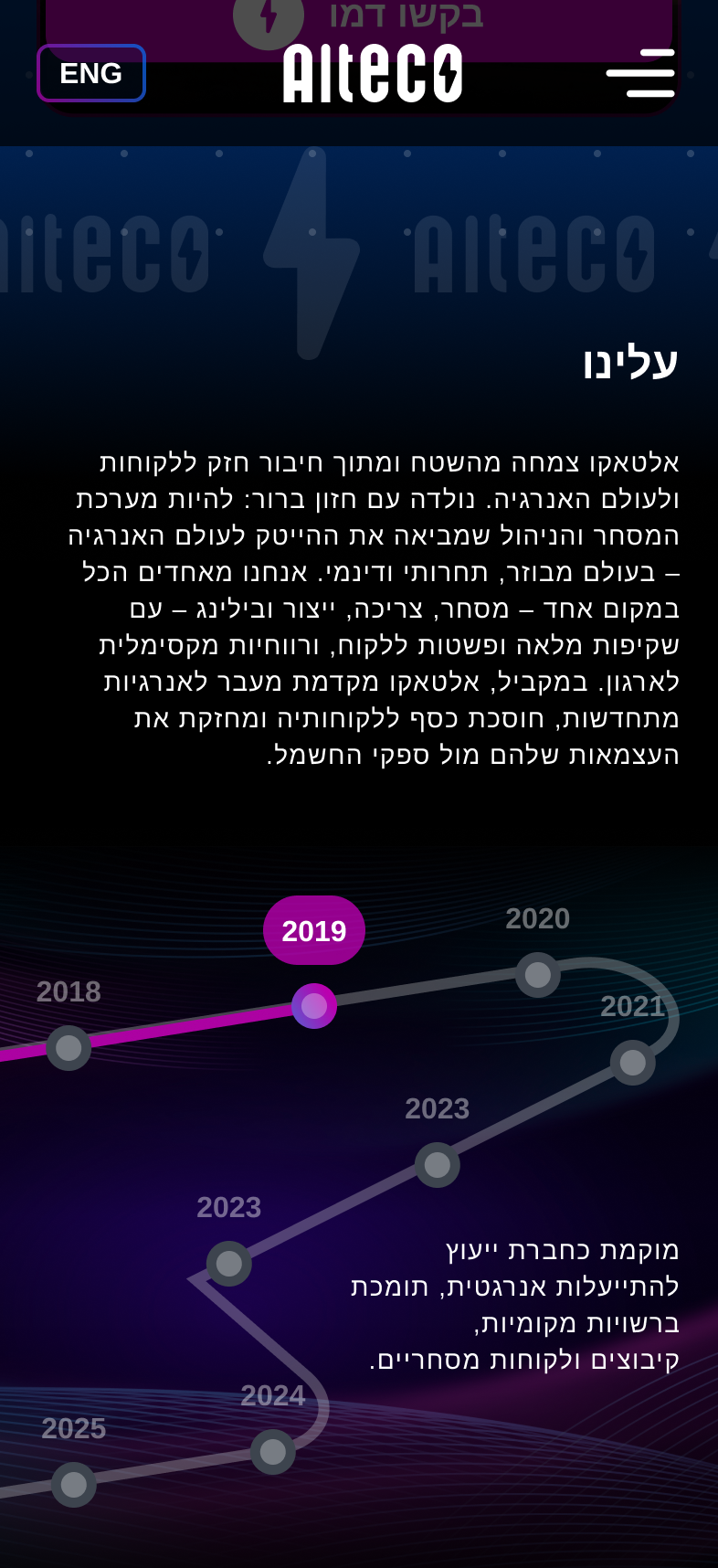 מסך מובייל עם ציר זמן החברה Alteco משנת 2018 עד 2025