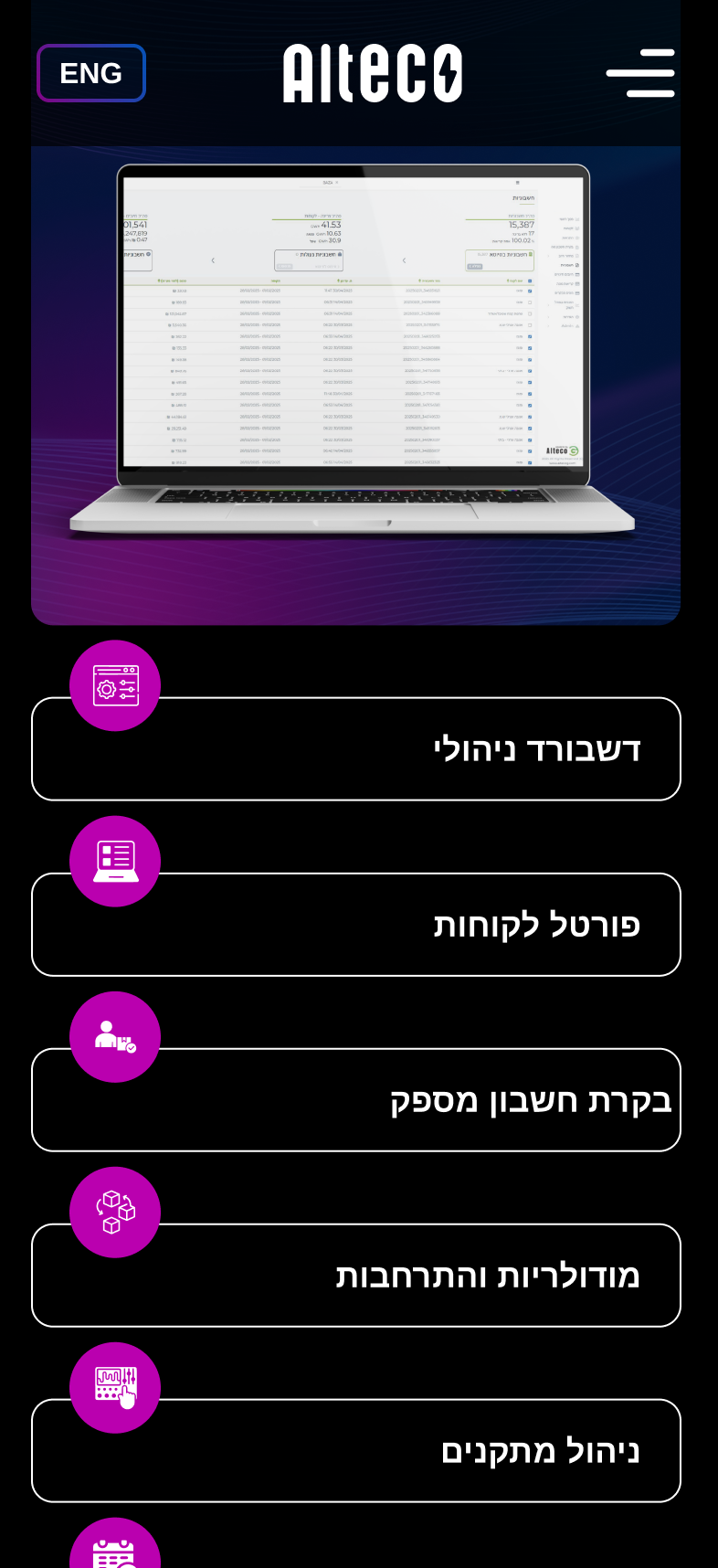 מסך מובייל עם דשבורד ניהולי של Alteco והדמיית מחשב נייד