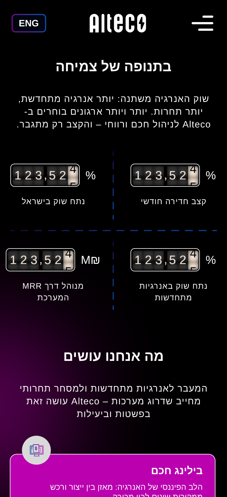 מסך מובייל עם נתוני שוק האנרגיה ותחומי הפעילות של Alteco