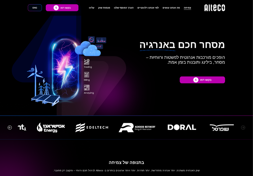 דף הבית של אתר Alteco עם כותרת מסחר חכם באנרגיה ולוגואי לקוחות
