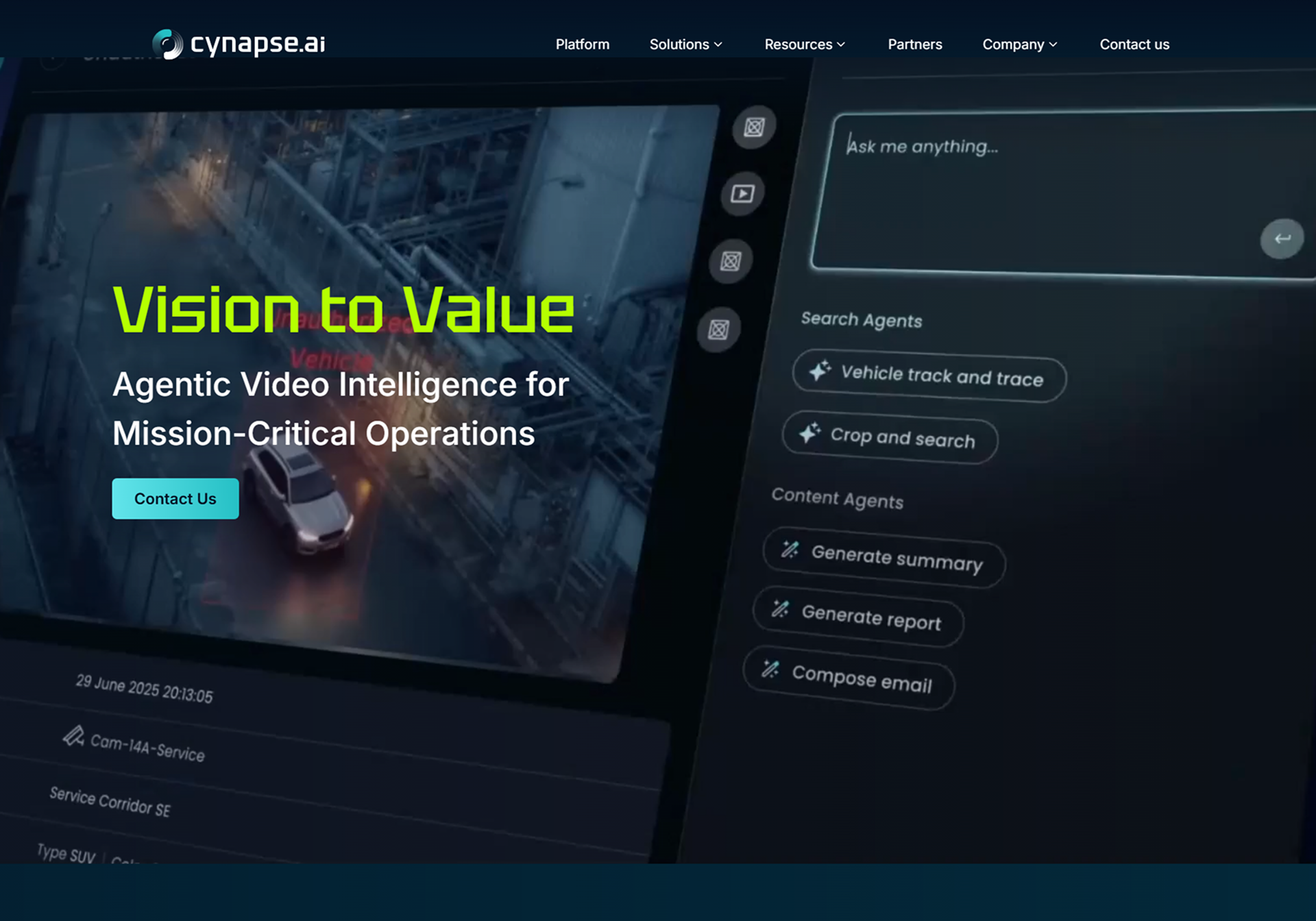 Cynapse.ai hero screen with video feed and AI chat assistant panel
