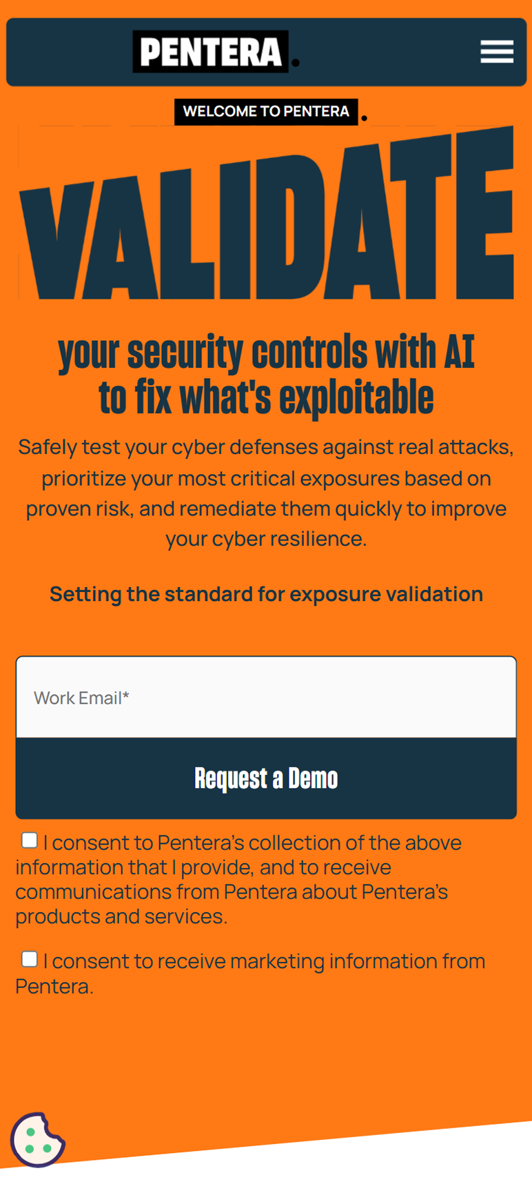 Pentera mobile hero section with Validate your security controls heading