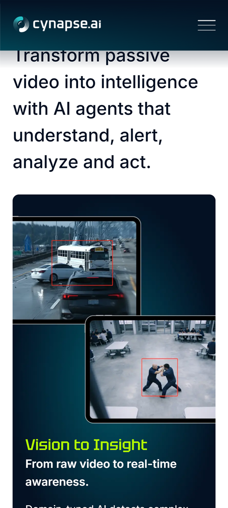 Cynapse.ai mobile screen: video AI alert detecting vehicles and people
