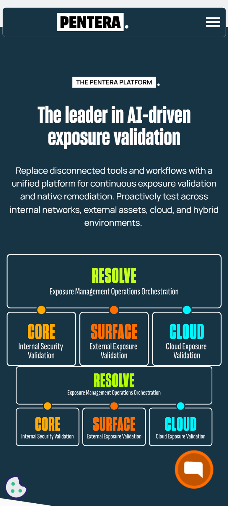 Pentera mobile page showing The leader in AI-driven exposure validation