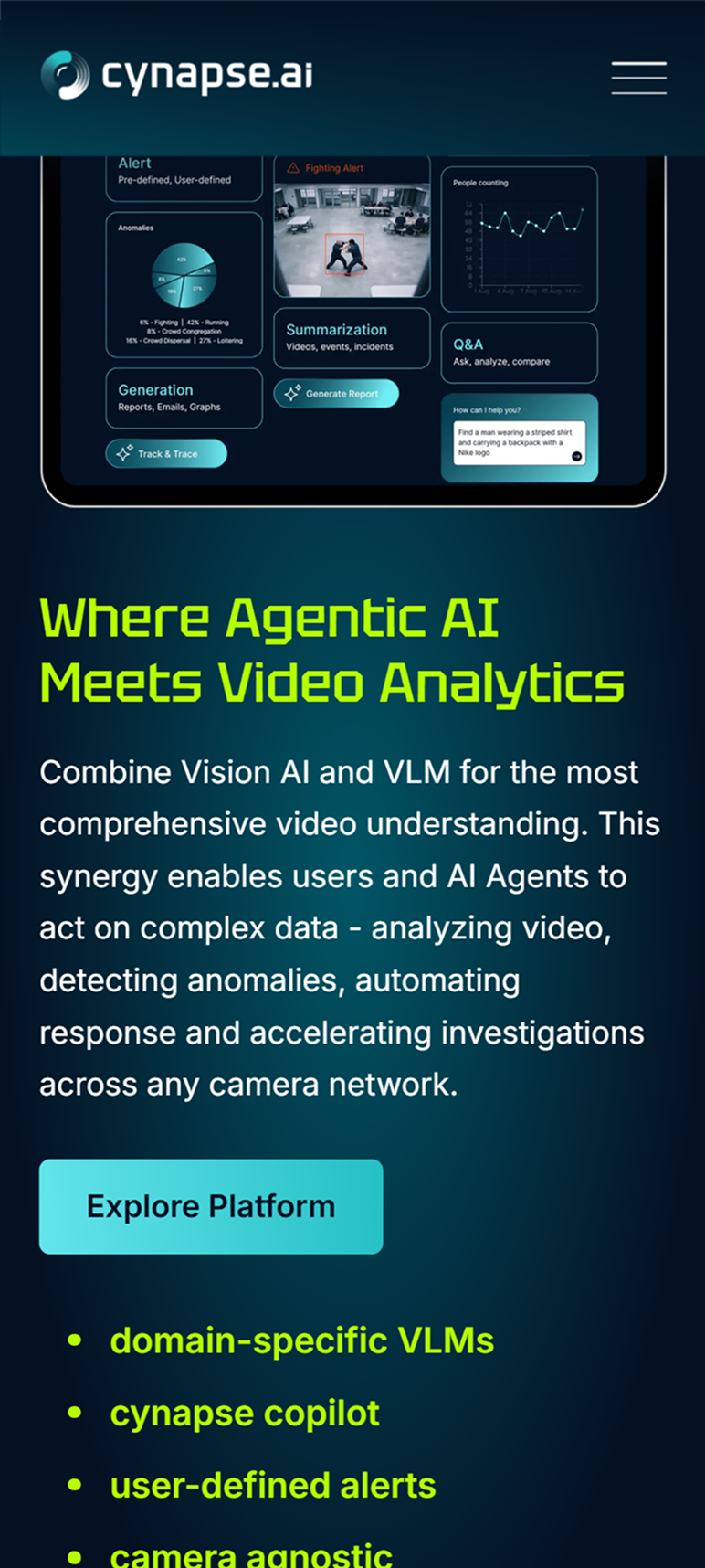 Cynapse.ai mobile screen: agentic AI meets video analytics dashboard