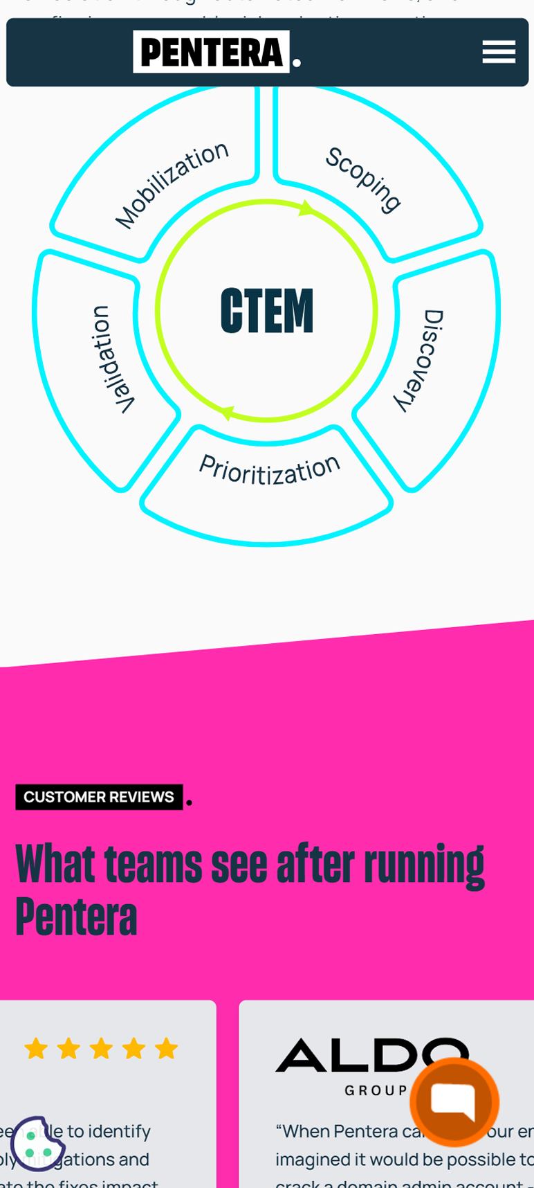 Pentera mobile CTEM diagram and customer reviews section