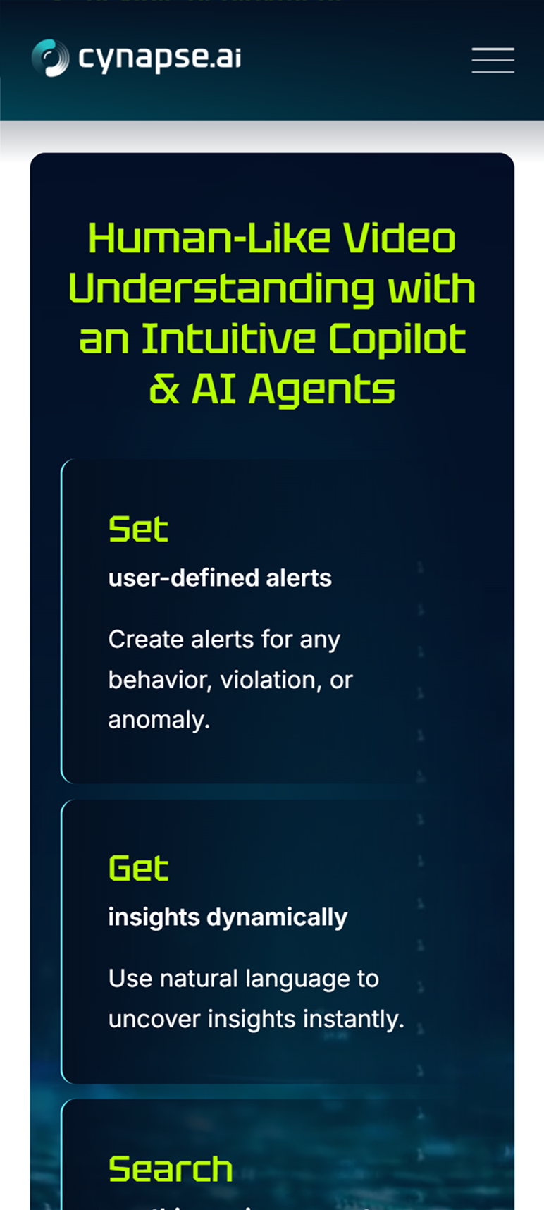 Cynapse.ai mobile screen: human-like video understanding copilot agent