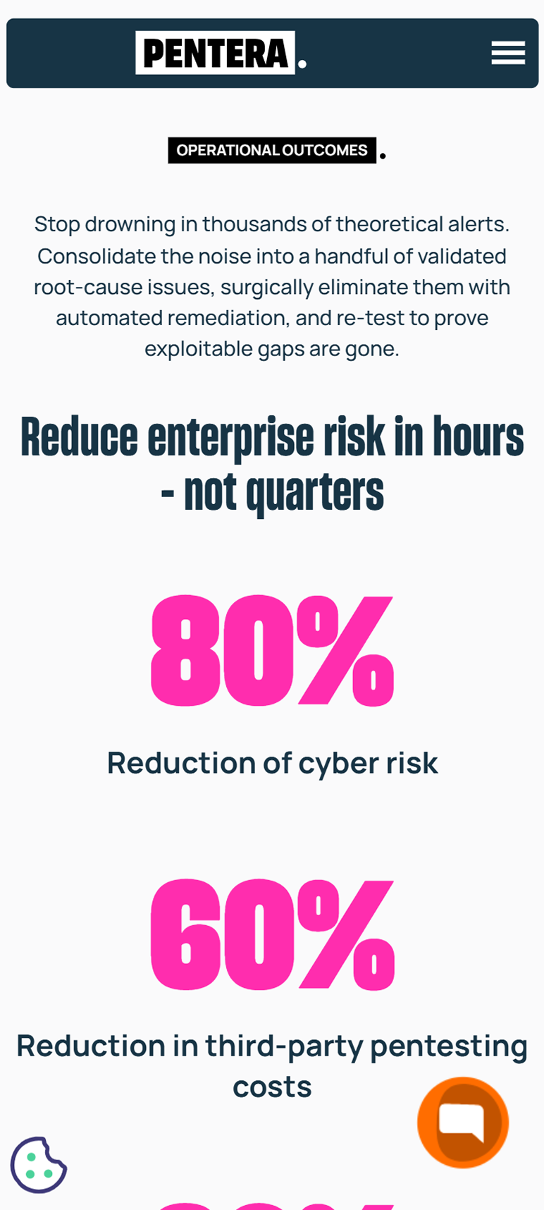 Pentera mobile page showing 80% reduction of cyber risk statistic