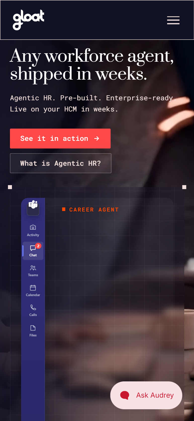 Gloat mobile homepage hero with career agent chat panel