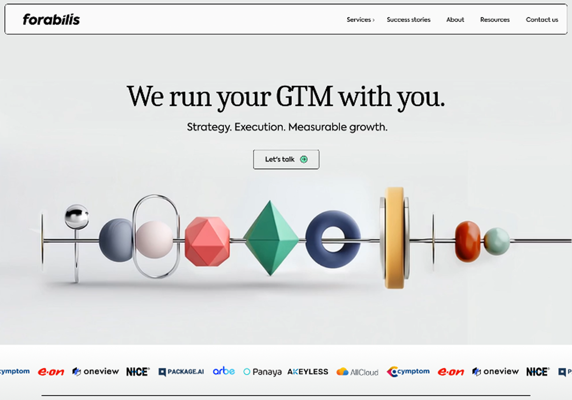 Forabilis homepage hero: We run your GTM with you, with 3D icons