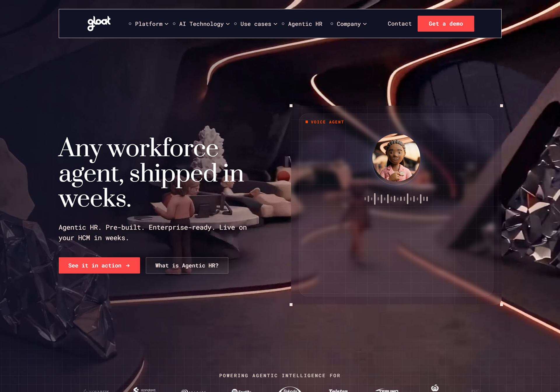 Gloat homepage: Any workforce agent, shipped in weeks, voice agent panel