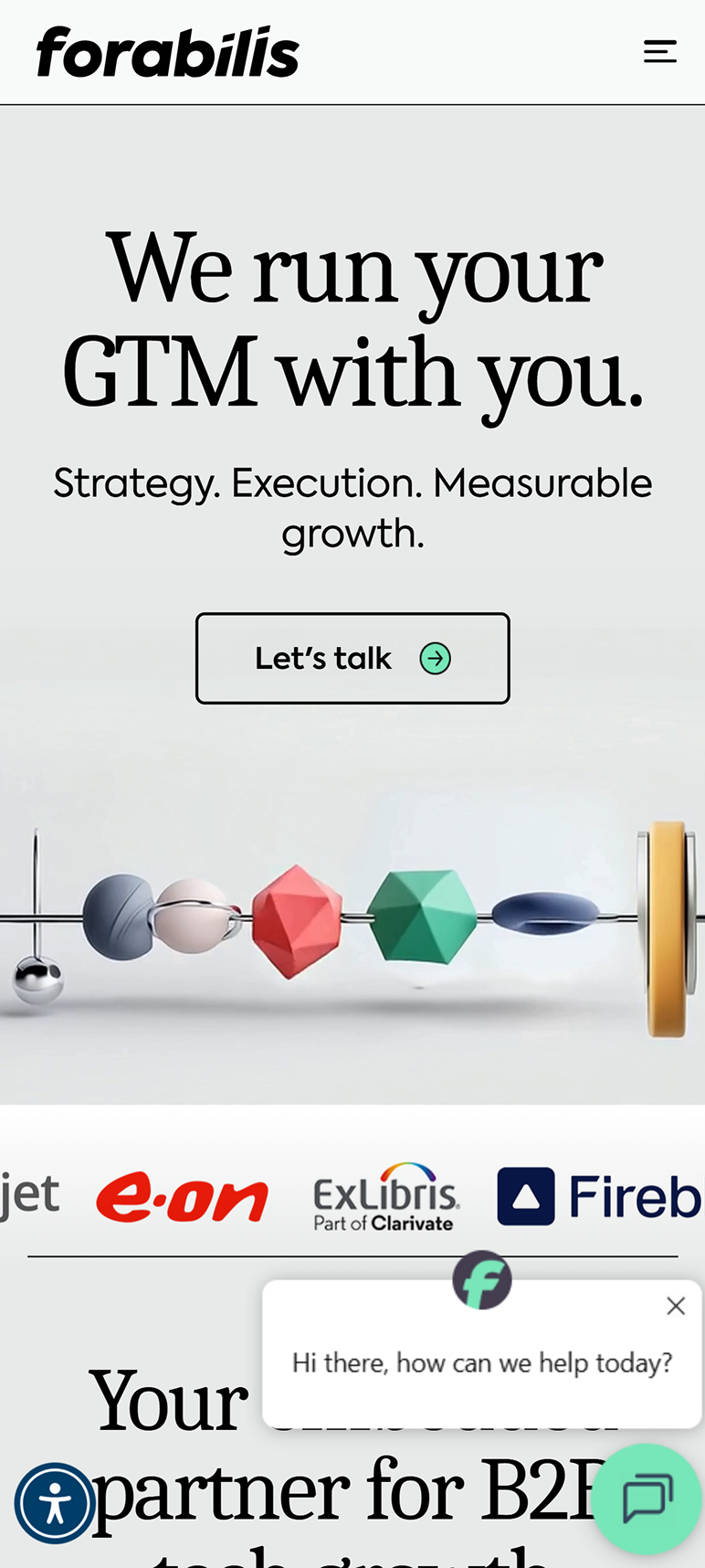 Forabilis mobile homepage: We run your GTM with you hero section