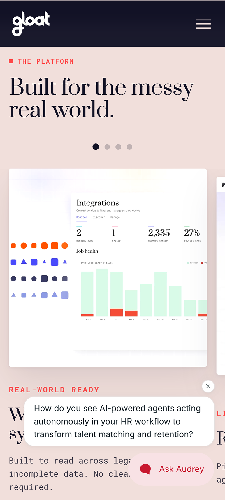 Gloat mobile screen: Built for the messy real world, platform section