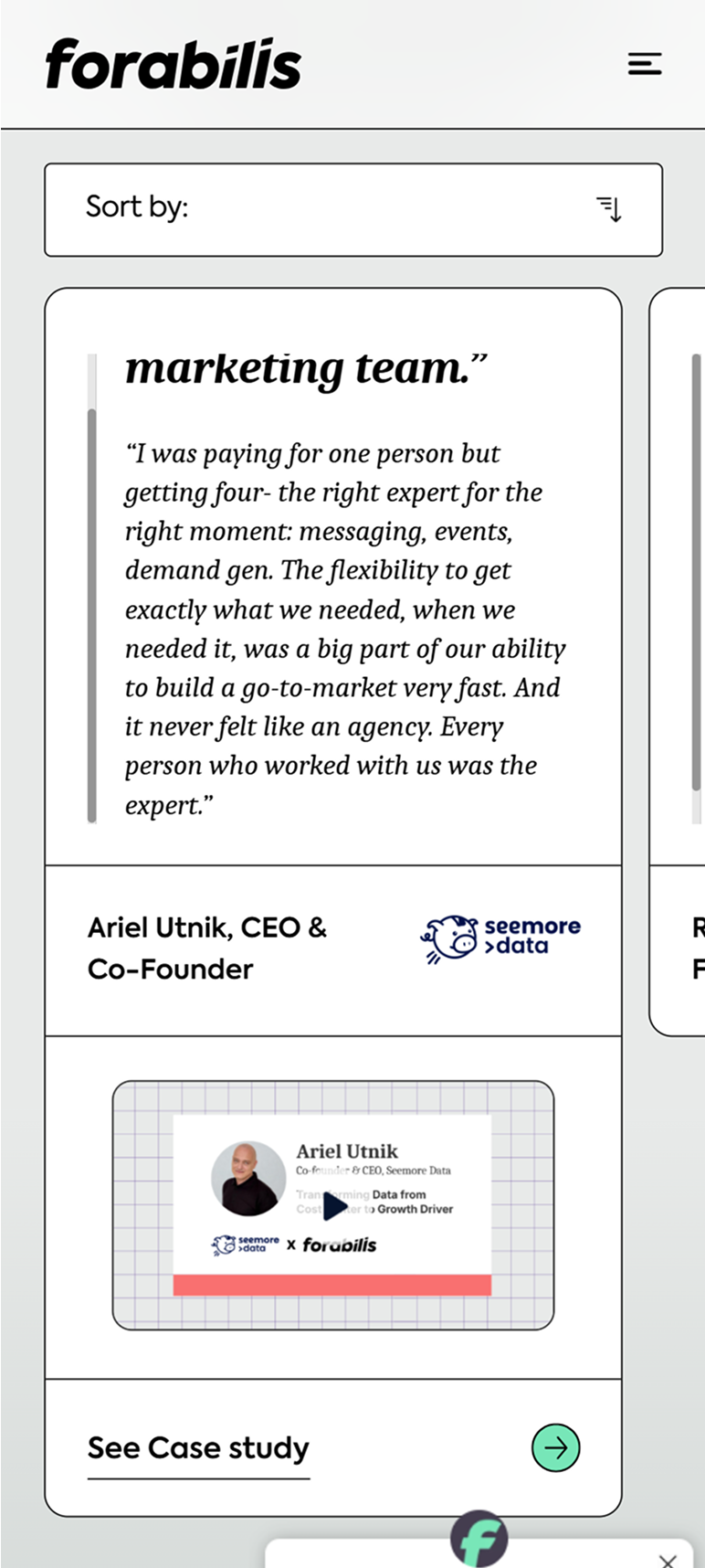 Forabilis mobile screen: client testimonial and case study preview