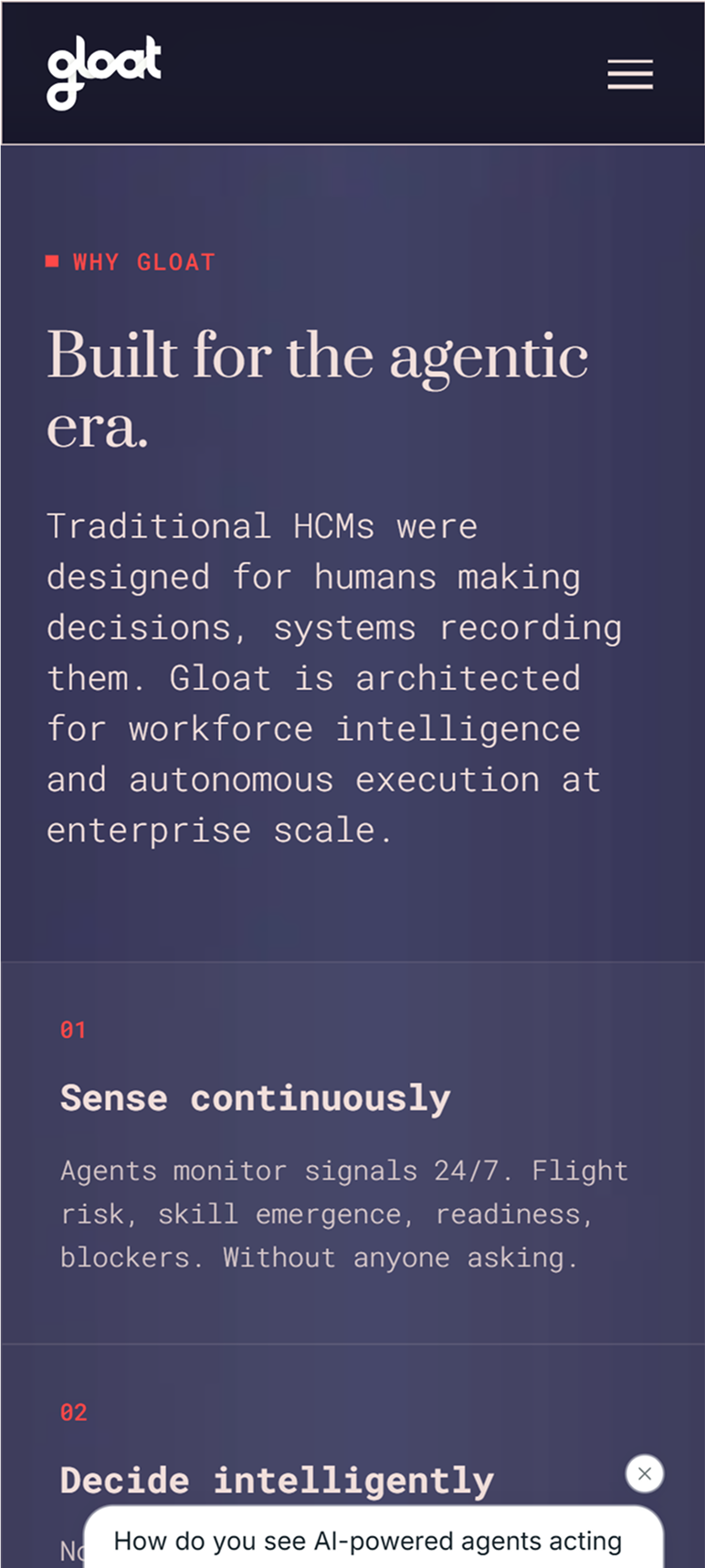 Gloat mobile screen: Built for the agentic era, three feature cards