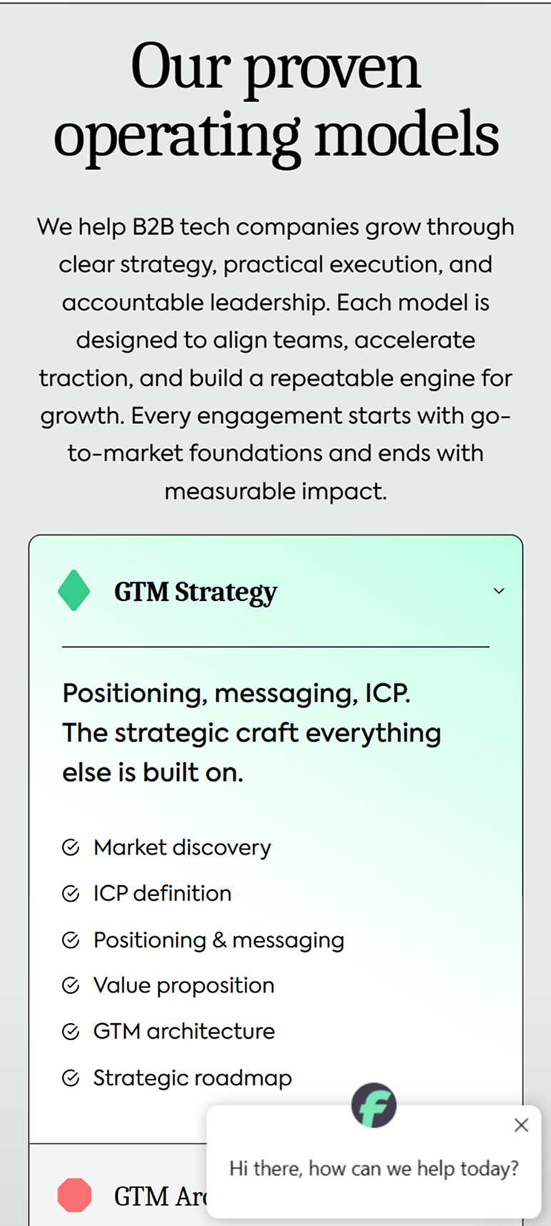 Forabilis mobile screen: proven operating models, GTM strategy card