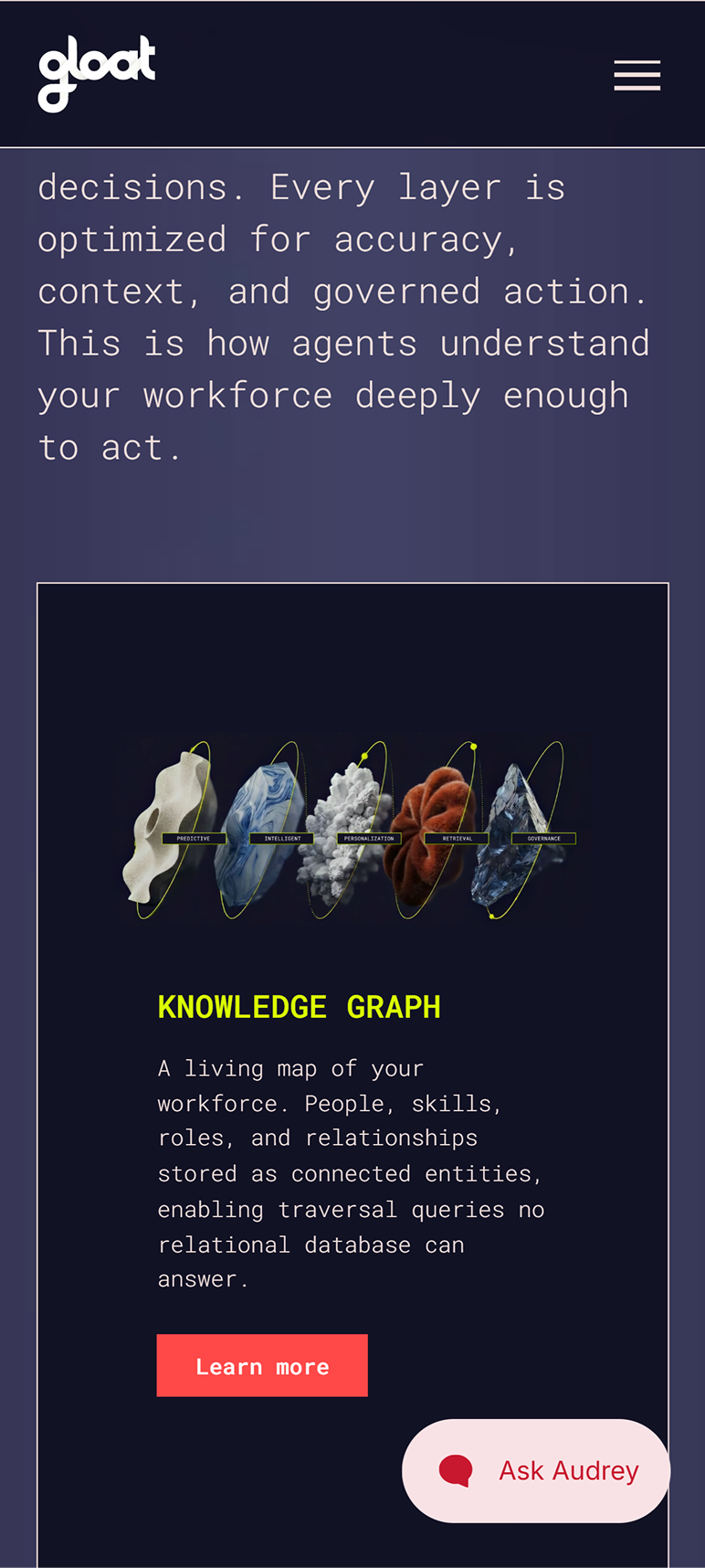 Gloat mobile screen: knowledge graph card with abstract 3D shapes