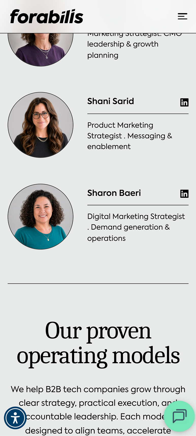 Forabilis mobile screen: leadership team member profiles