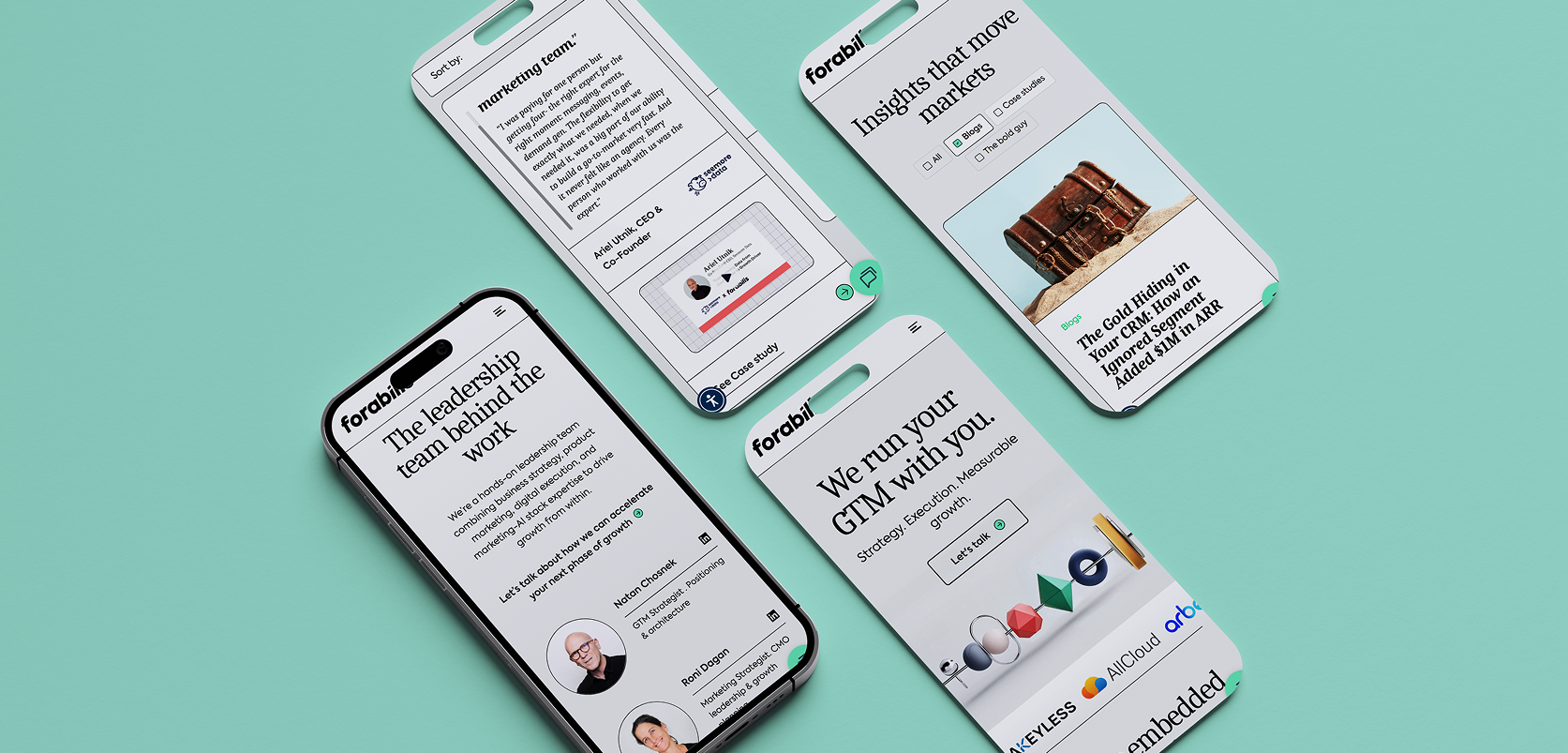Forabilis website mockups on phones: testimonials, blog and hero